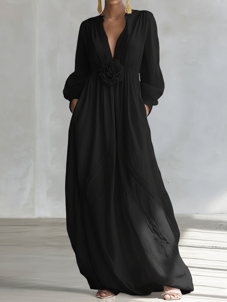 Elegant Three-dimensional Floral Cotton And Linen Maxi Dress
