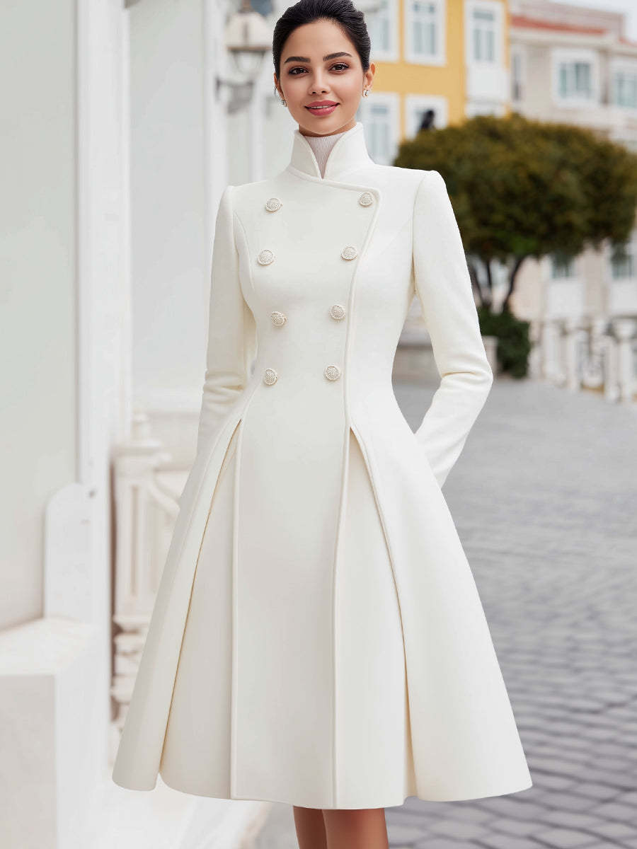 Elegant Double-Breasted Flared A-Line Coat Dress