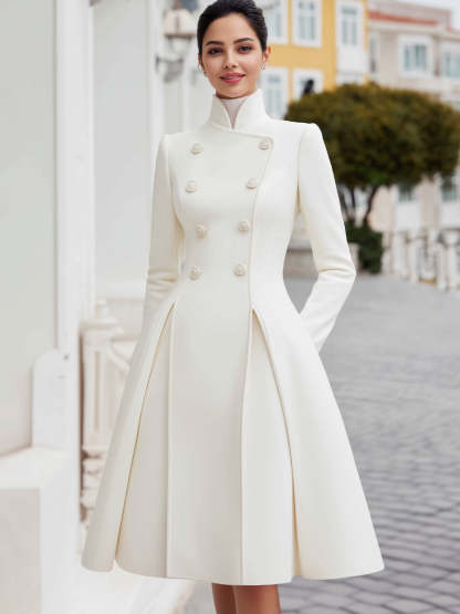 Elegant Double-Breasted Flared A-Line Coat Dress