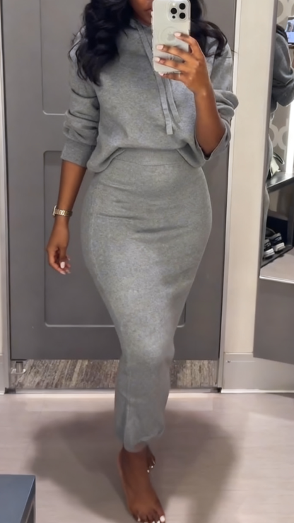 Women Round Neck Drawstring Top+ Skirt Solid Color Casual Set