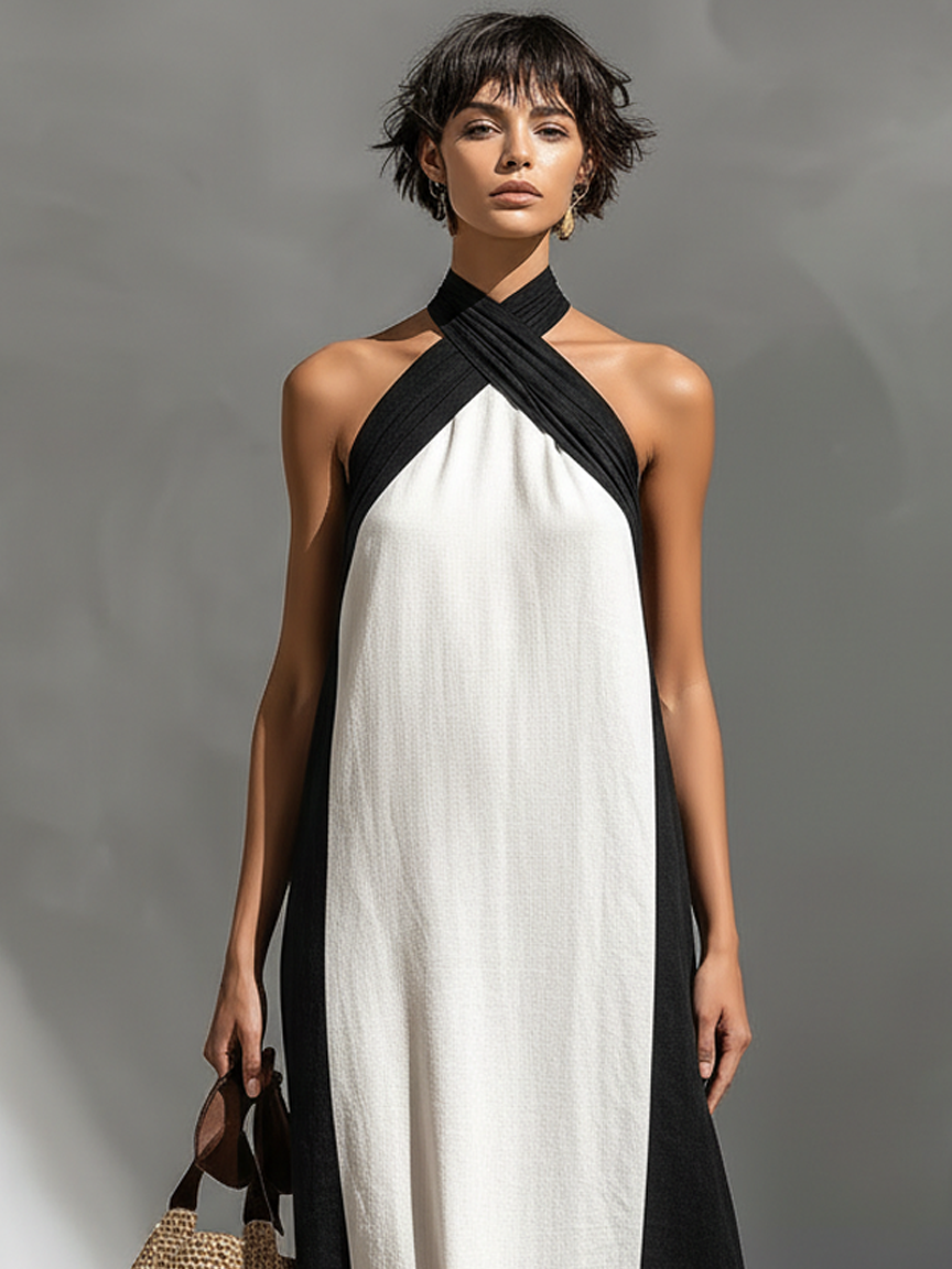 Women's Minimalist Halter-neck Color-block Maxi Dress MDZ3127A4Y