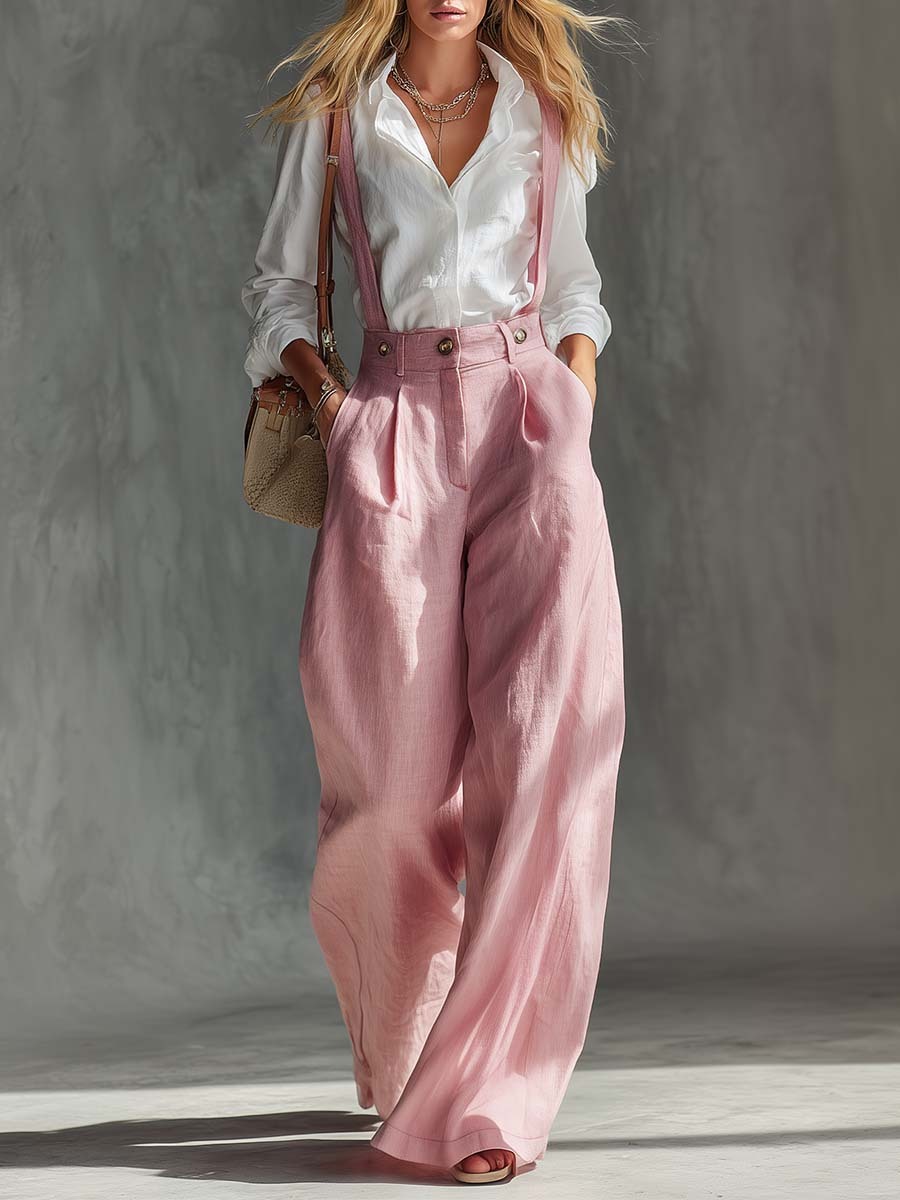 Elegant Vintage Versatile Pink Cotton And Linen Wide-leg Pants Overall
