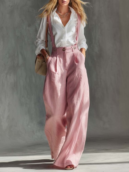 Elegant Vintage Versatile Pink Cotton And Linen Wide-leg Pants Overalls