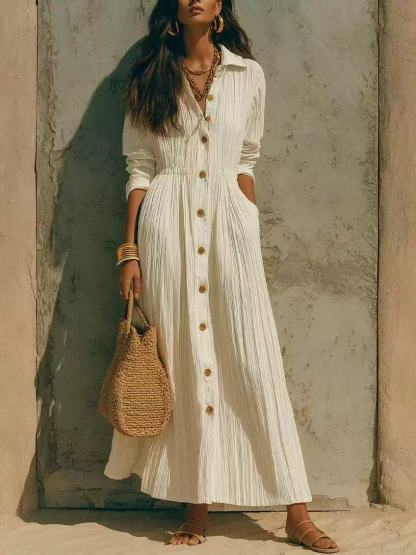 Elegant White Long, Waist-Cinched, Loose-Fitting Dress