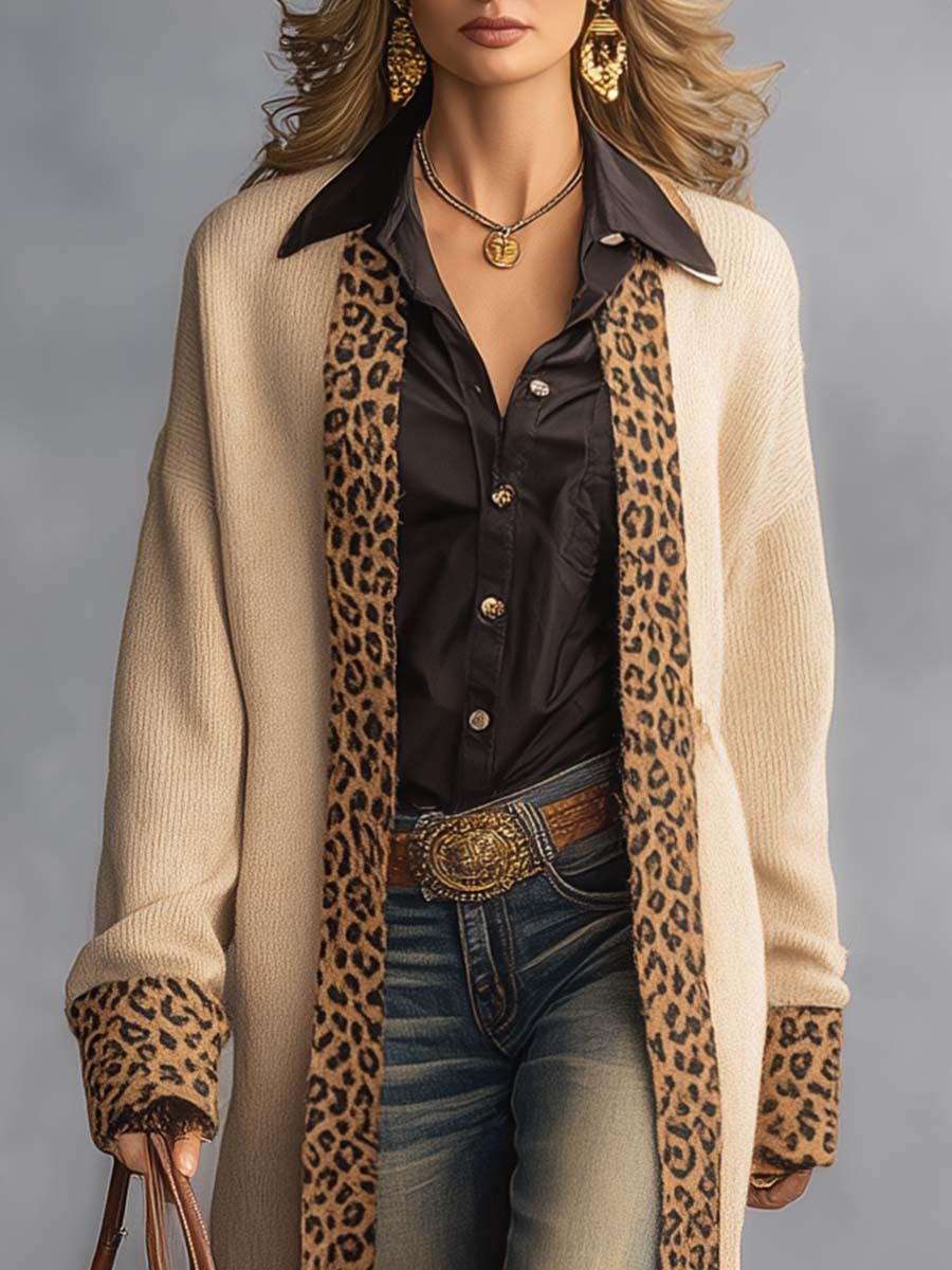 Vintage Western Simple Leopard Trim Beige Knitted Cardigan