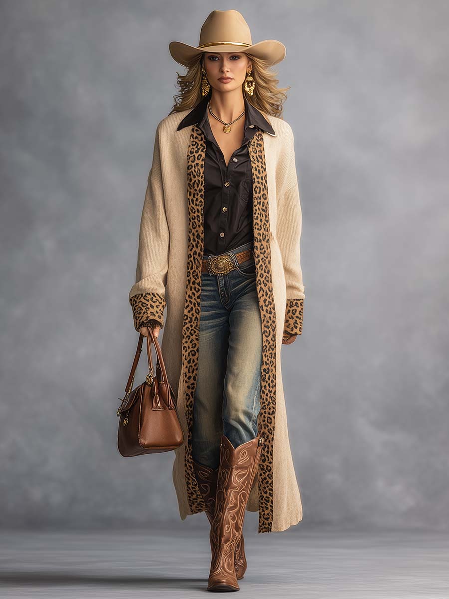 Vintage Western Simple Leopard Trim Beige Knitted Cardigan