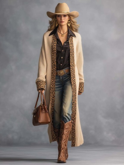 Vintage Western Simple Leopard Trim Beige Knitted Cardigan