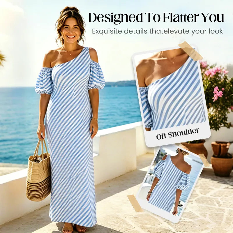 👗Limited-Time 49% OFF✨Women Striped Off Shoulder Dress – Elegant Flowy Summer Chic 🌊