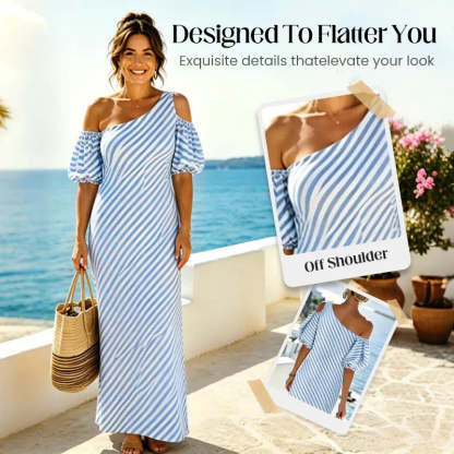 👗Limited-Time 49% OFF✨Women Striped Off Shoulder Dress – Elegant Flowy Summer Chic 🌊
