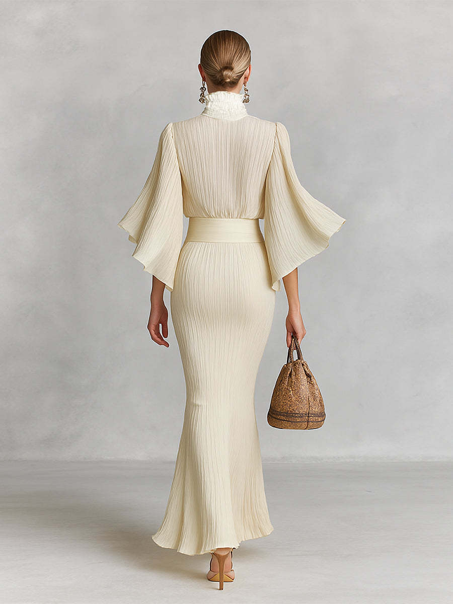 Women's Pleated Chiffon Stand Collar Trumpet Sleeve Shirt Slit Floor Length Skirt Two-piece Set MDA2202G8Y