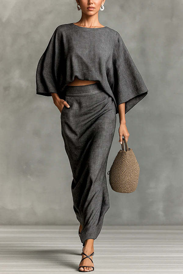 Linen Blend Batwing Sleeve Loose Top and Casual Pocket Maxi Skirt Set