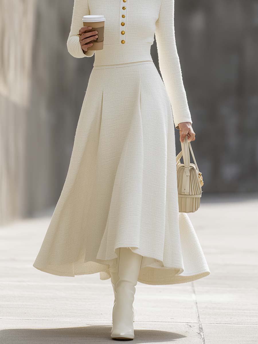 Retro Street Beige Button Knitted Skirt Suit