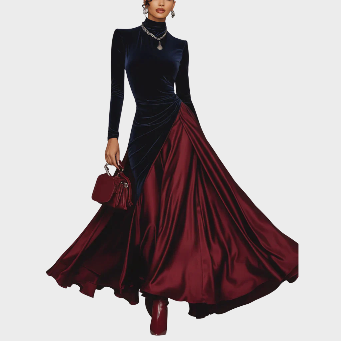 Aurelia - Abito lungo elegante bicolore in velluto e raso con gonna fluida