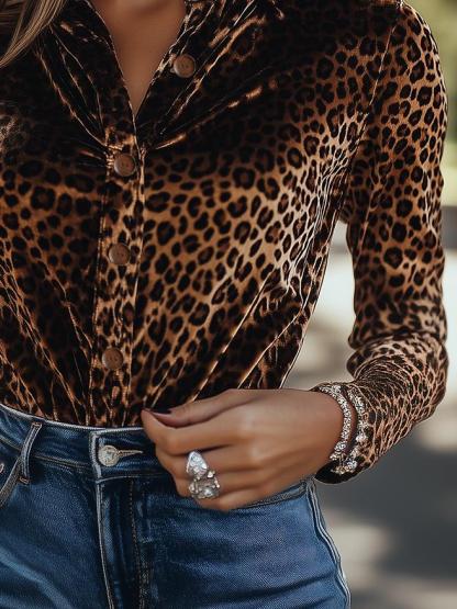 (clearance)Stylish Single-breasted Leopard Pattern Velvet Shirt