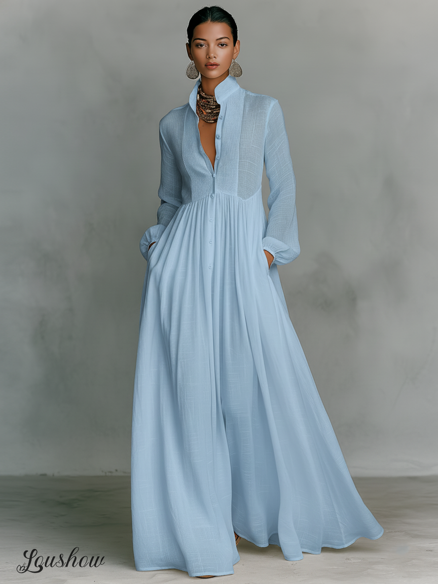 Women's Minimalist Cotton And Linen Patchwork Single-breasted Stand-up Collar Long-sleeved Maxi Dress
