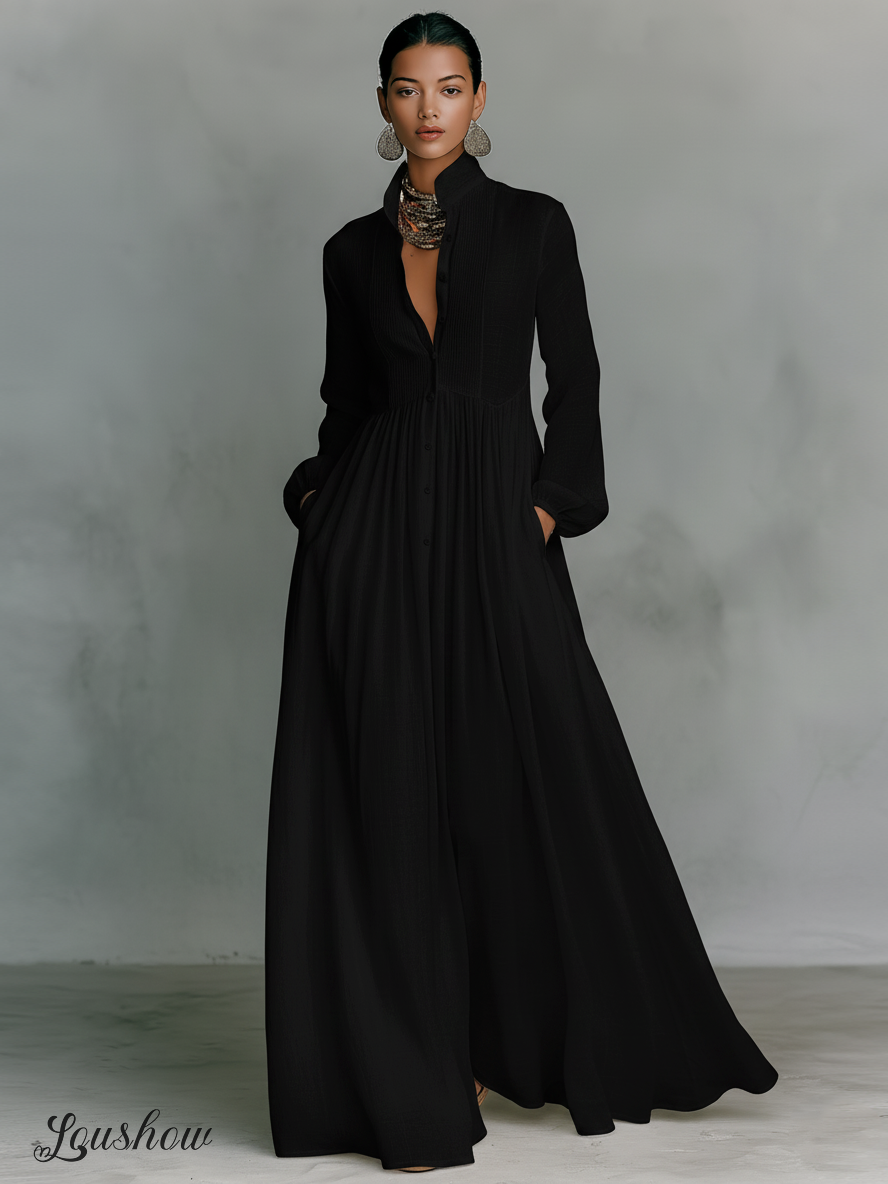 Women's Minimalist Cotton And Linen Patchwork Single-breasted Stand-up Collar Long-sleeved Maxi Dress