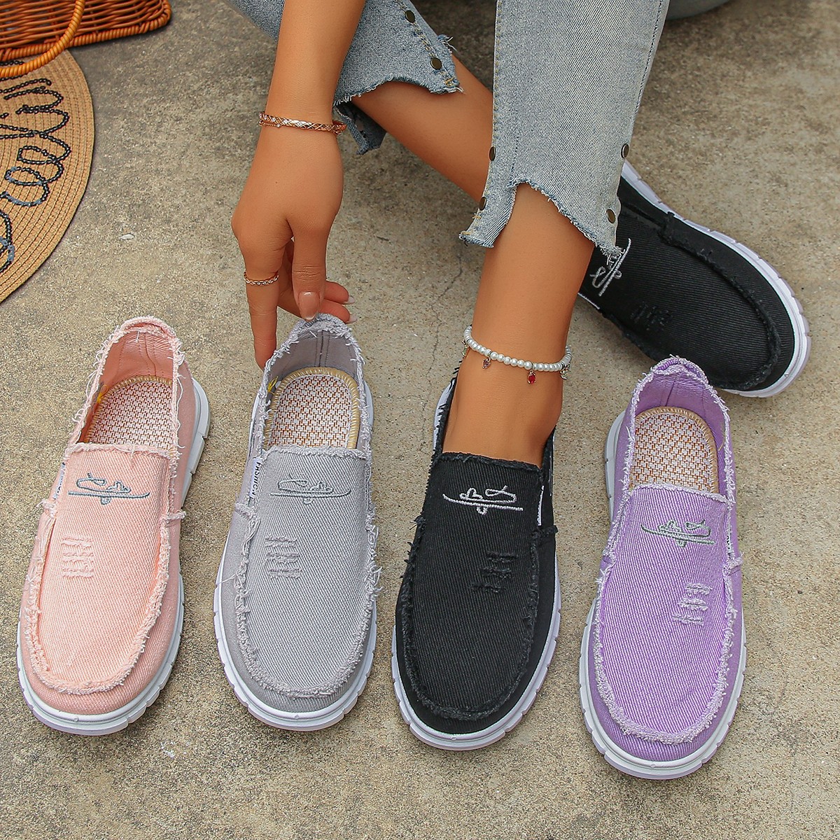 🔥Mega Sale - Buy Now & Save 50% OFF🔥Women's Distressed Canvas Slip-On Loafers - Skateboard Embroidered Casual Shoes