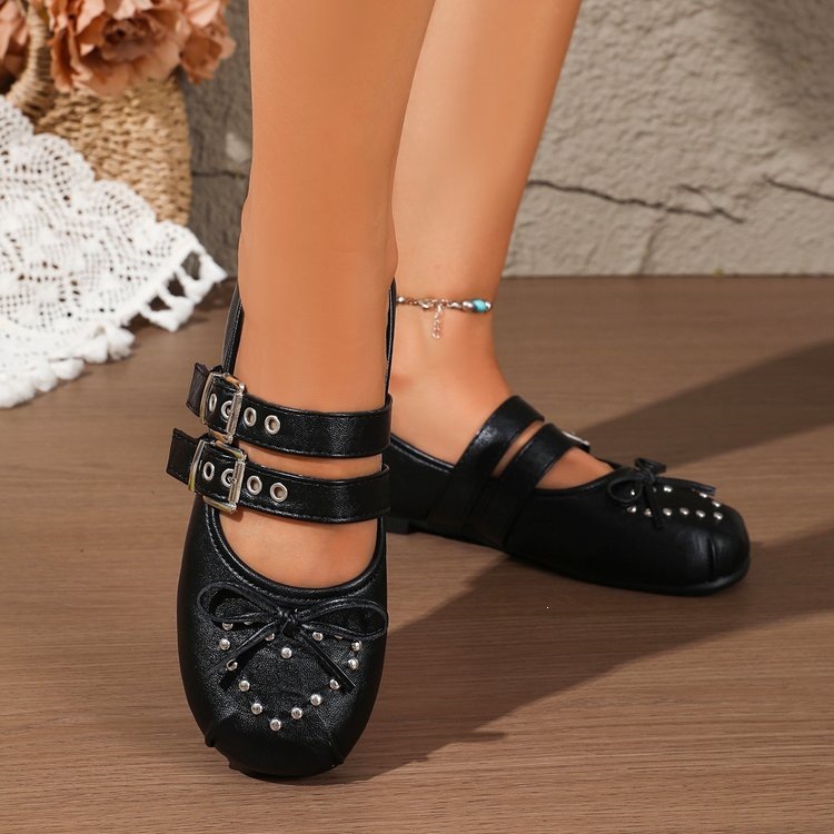 🔥Mega Sale - Buy Now & Save 50% OFF🔥Women’s Vintage Mary Jane Flats – Double-Buckle Shoes with Bow & Studded Detail