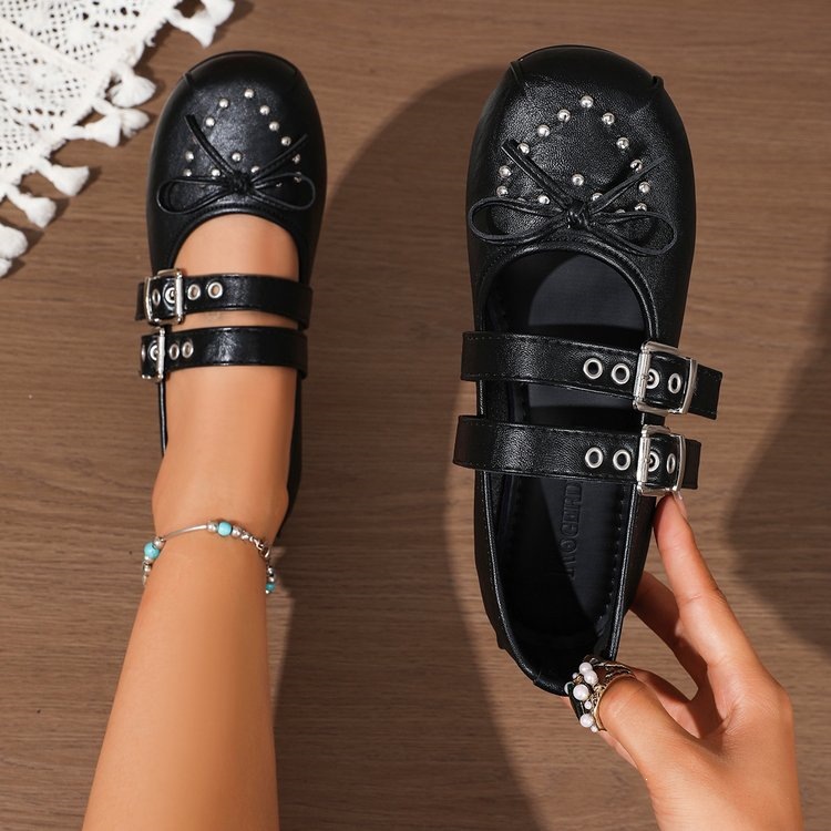 🔥Mega Sale - Buy Now & Save 50% OFF🔥Women’s Vintage Mary Jane Flats – Double-Buckle Shoes with Bow & Studded Detail