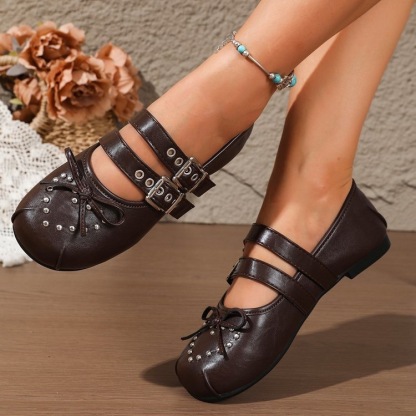 🔥Mega Sale - Buy Now & Save 50% OFF🔥Women’s Vintage Mary Jane Flats – Double-Buckle Shoes with Bow & Studded Detail