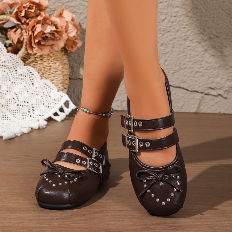 🔥Mega Sale - Buy Now & Save 50% OFF🔥Women’s Vintage Mary Jane Flats – Double-Buckle Shoes with Bow & Studded Detail