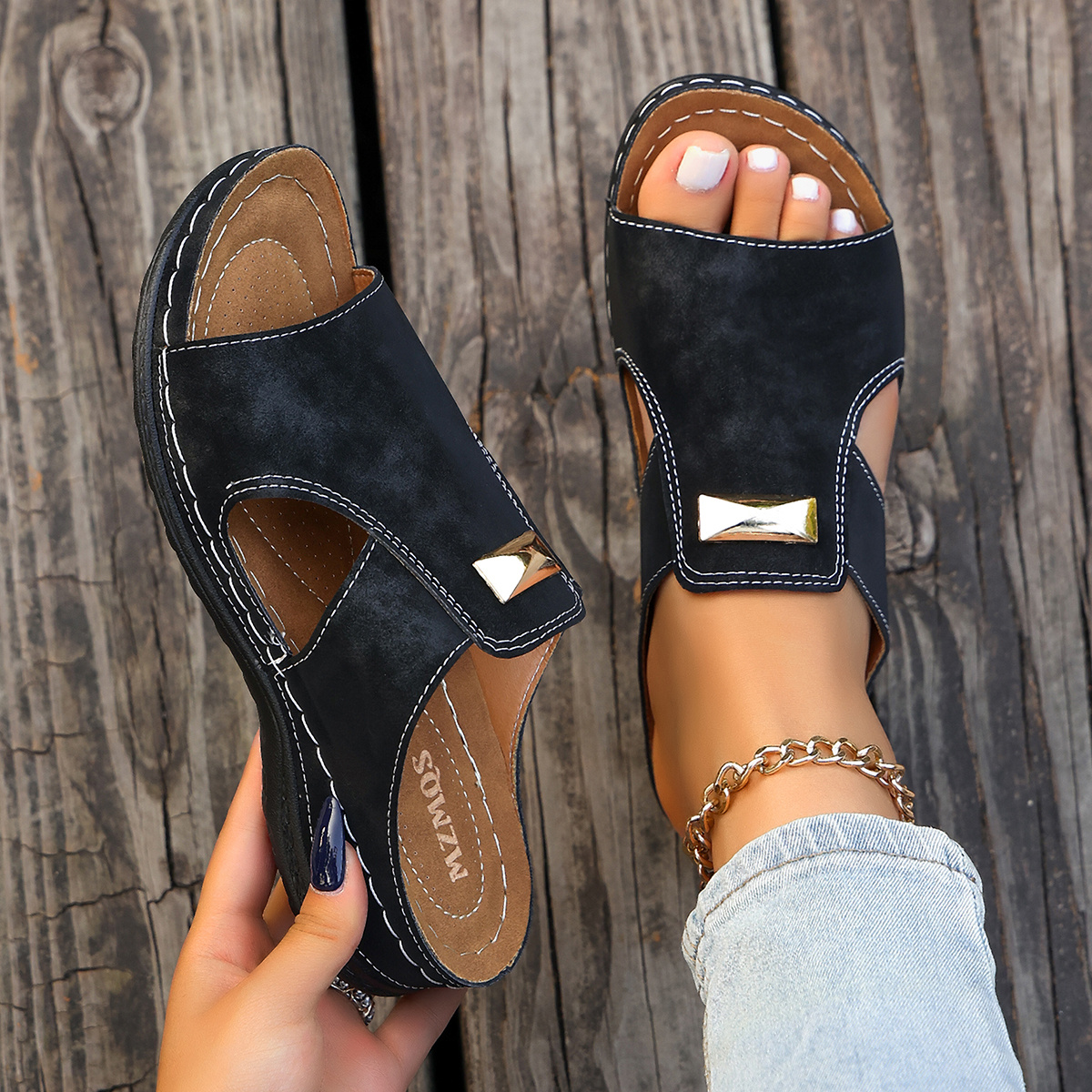 🔥Mega Sale - Buy Now & Save 50% OFF🔥Women's Wedge Heel Orthopedic Sandals – New Summer 2026 Metallic Decor Sandals