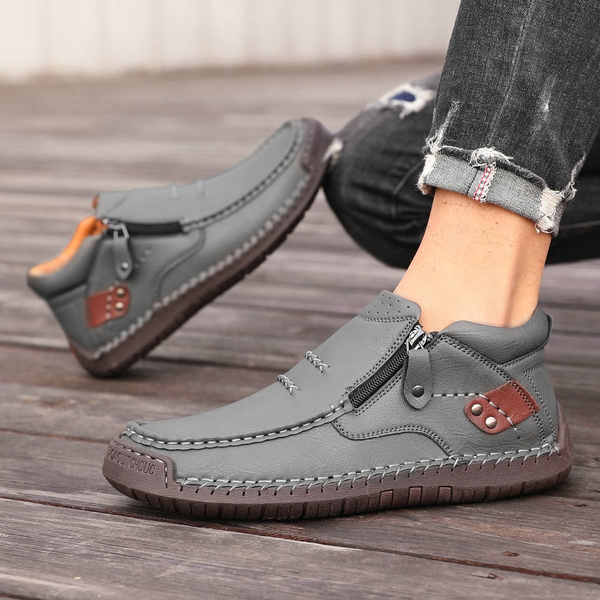 ⏰Limited Time Sale 50% OFF --- Men’s Handmade Premium Leather Slip-On Driving Boots – Wide Toe, Arch Support
