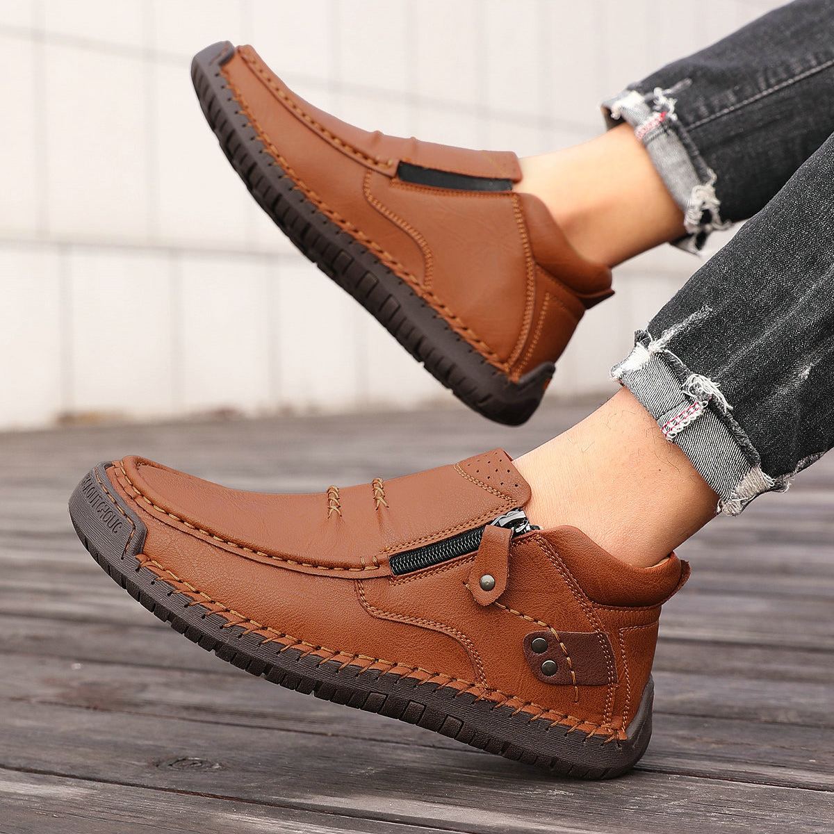 ⏰Limited Time Sale 50% OFF --- Men’s Handmade Premium Leather Slip-On Driving Boots – Wide Toe, Arch Support