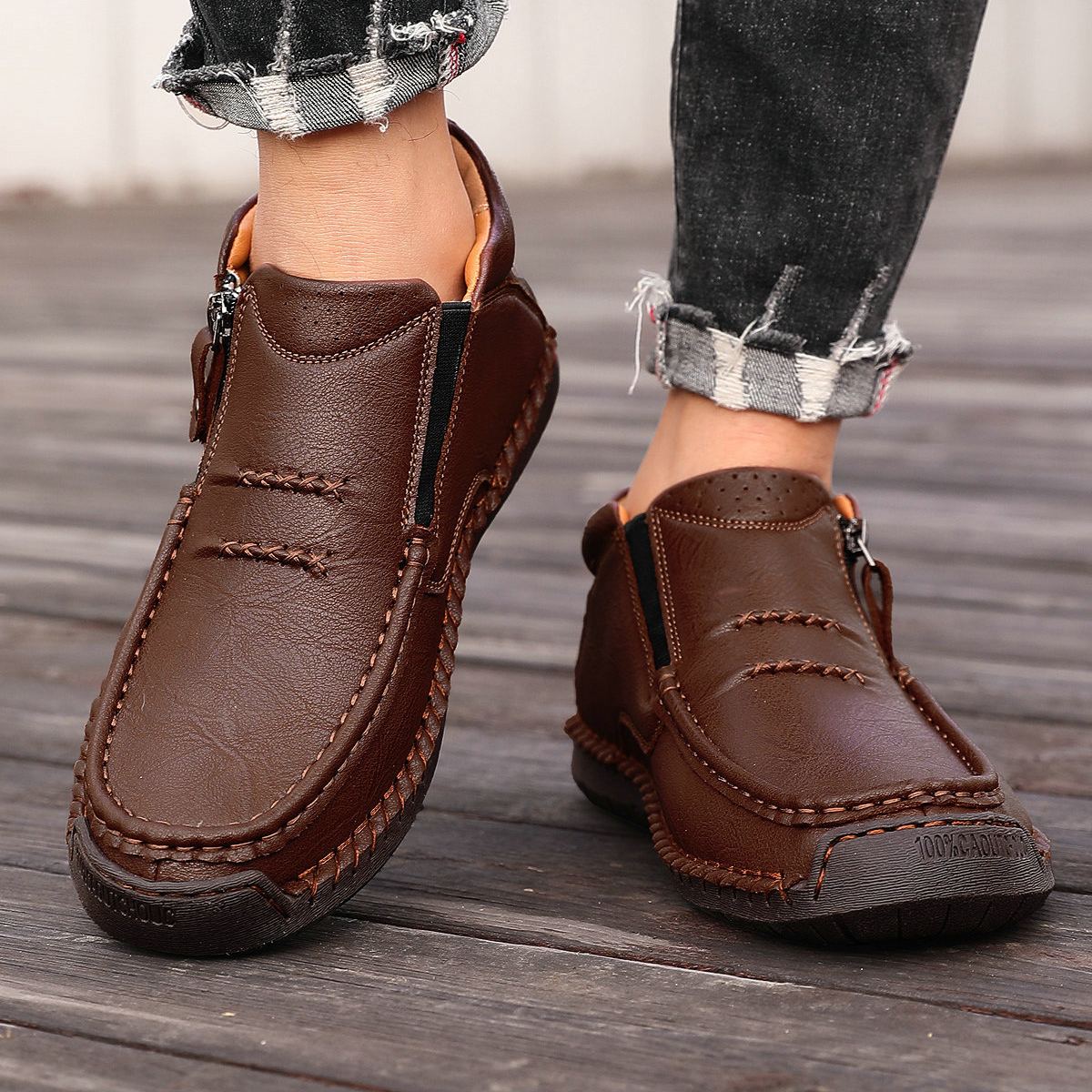⏰Limited Time Sale 50% OFF --- Men’s Handmade Premium Leather Slip-On Driving Boots – Wide Toe, Arch Support
