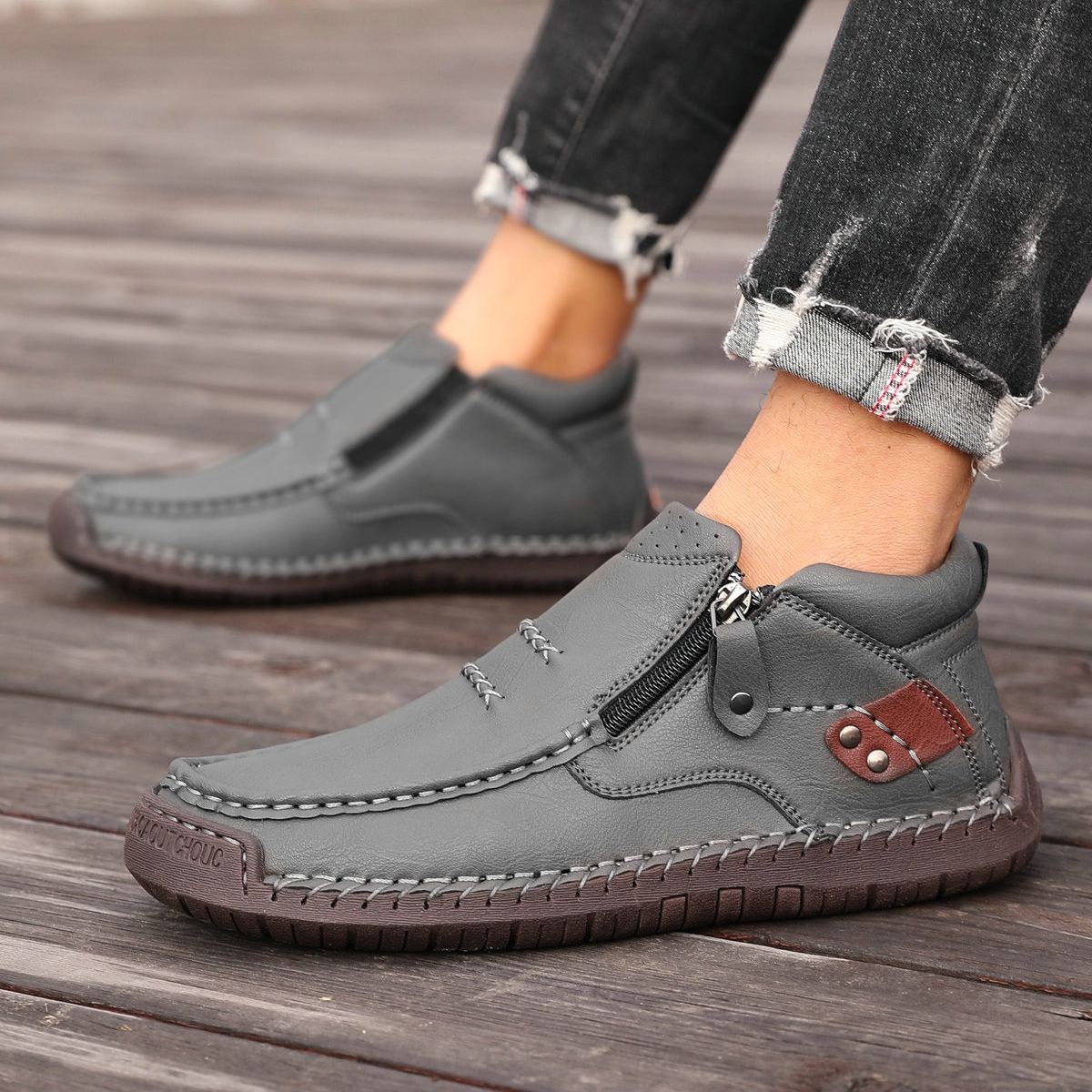 ⏰Limited Time Sale 50% OFF --- Men’s Handmade Premium Leather Slip-On Driving Boots – Wide Toe, Arch Support