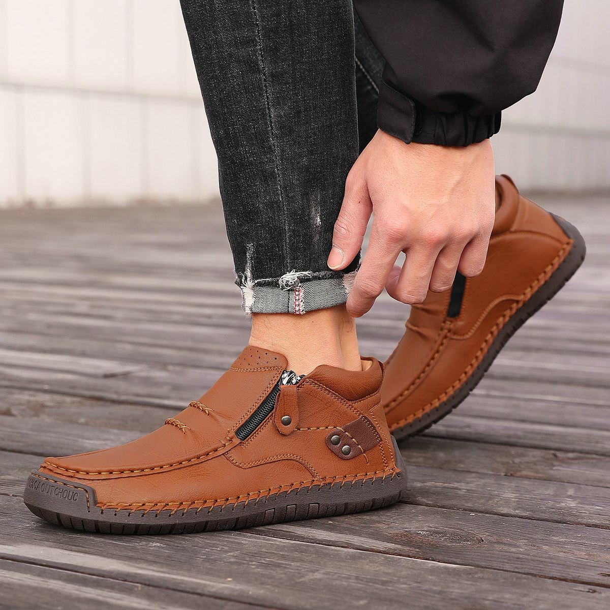 ⏰Limited Time Sale 50% OFF --- Men’s Handmade Premium Leather Slip-On Driving Boots – Wide Toe, Arch Support
