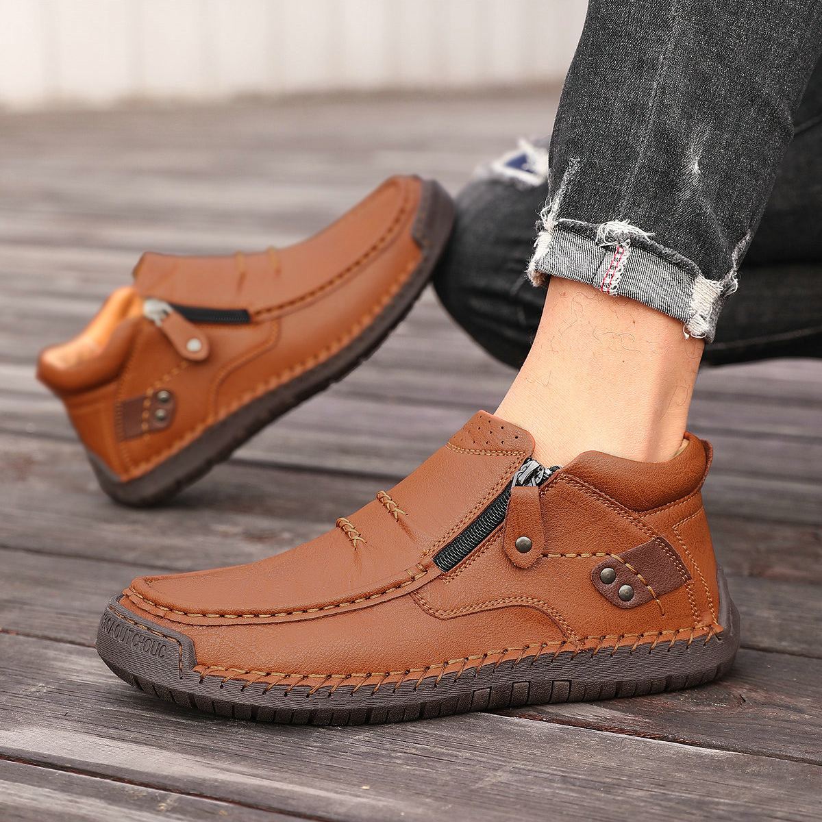 ⏰Limited Time Sale 50% OFF --- Men’s Handmade Premium Leather Slip-On Driving Boots – Wide Toe, Arch Support