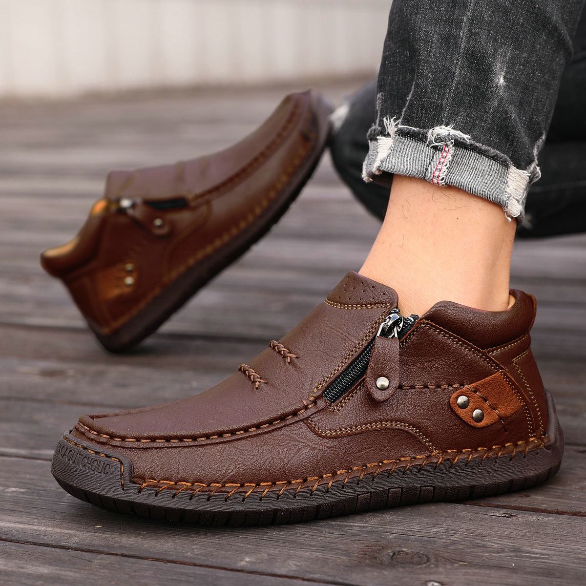 ⏰Limited Time Sale 50% OFF --- Men’s Handmade Premium Leather Slip-On Driving Boots – Wide Toe, Arch Support