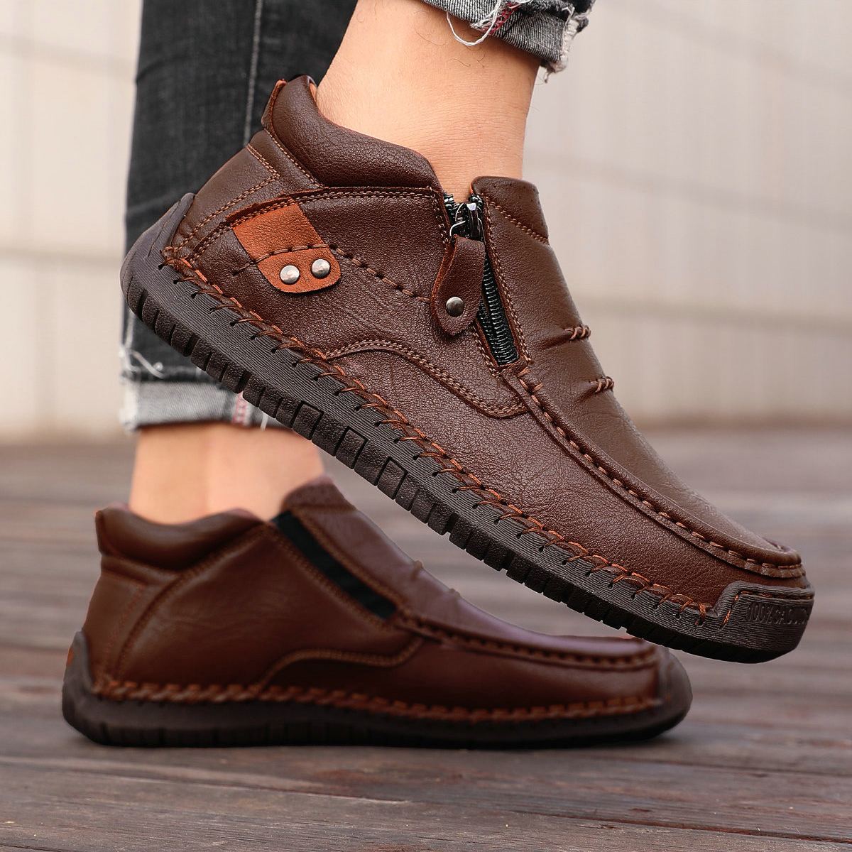 ⏰Limited Time Sale 50% OFF --- Men’s Handmade Premium Leather Slip-On Driving Boots – Wide Toe, Arch Support