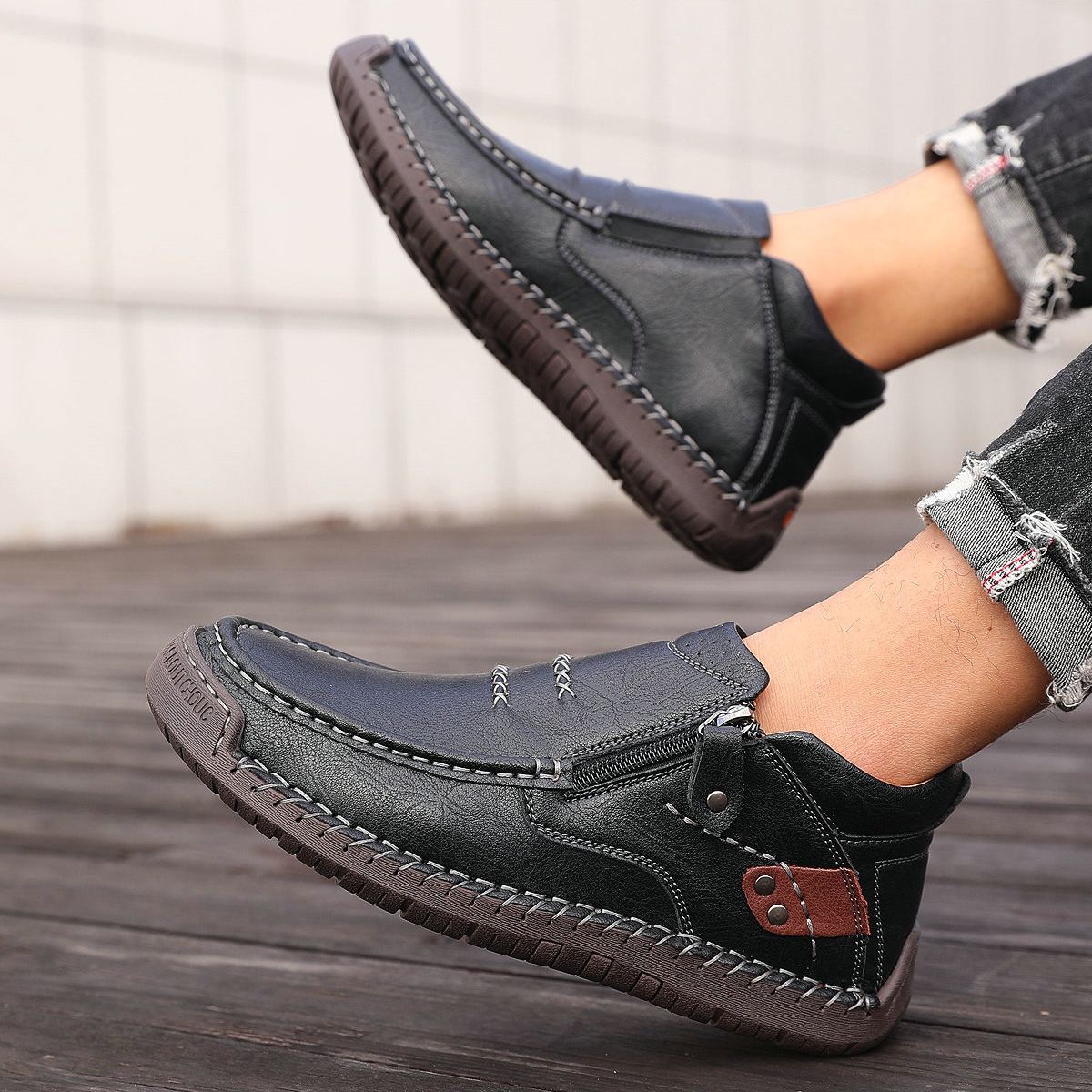 ⏰Limited Time Sale 50% OFF --- Men’s Handmade Premium Leather Slip-On Driving Boots – Wide Toe, Arch Support