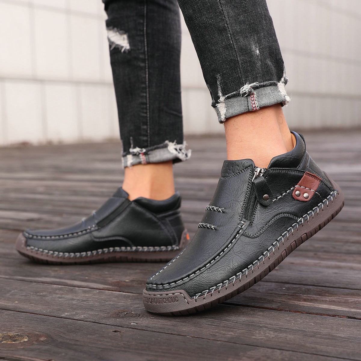 ⏰Limited Time Sale 50% OFF --- Men’s Handmade Premium Leather Slip-On Driving Boots – Wide Toe, Arch Support