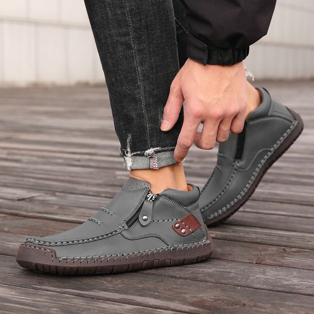 ⏰Limited Time Sale 50% OFF --- Men’s Handmade Premium Leather Slip-On Driving Boots – Wide Toe, Arch Support