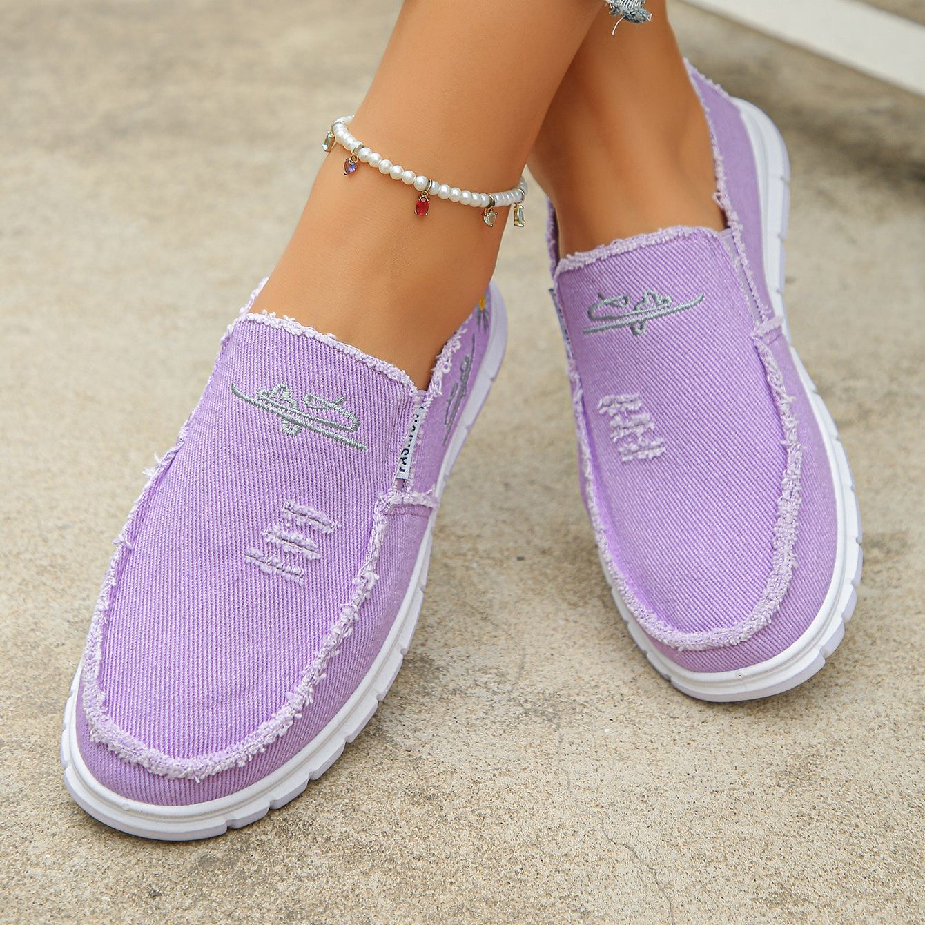 🔥Mega Sale - Buy Now & Save 50% OFF🔥Women's Distressed Canvas Slip-On Loafers - Skateboard Embroidered Casual Shoes