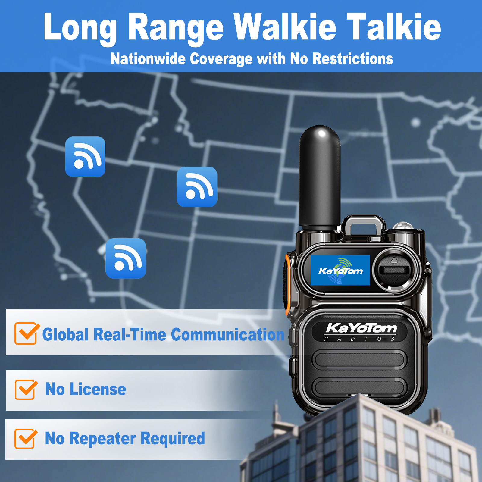 KaYoTom M11 Long Range Walkie Talkie – Global Two-Way Radio with Encrypted Communication, Unlimited Range, 72H Battery Life, HD Audio, Lightweight Design & Built-In LED Flashlight