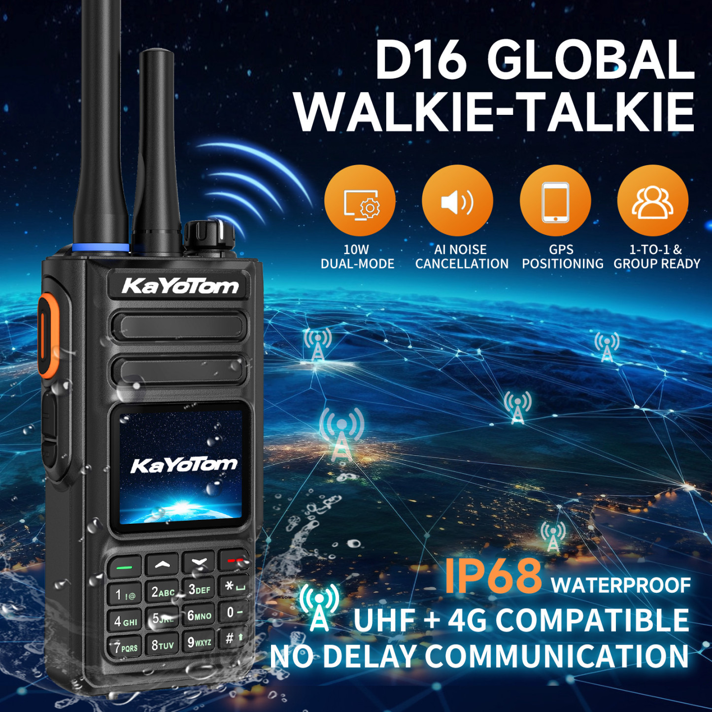 KaYoTom D16 Dual-Mode Global Walkie Talkie – PoC + UHF, IP68, GPS
