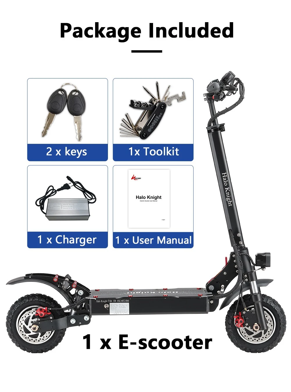 Halo Knight T104 Electric Scooter 10 inch Off-road Tires 1000W*2 Motor 65km/h Max Speed Remote control 52V 21Ah Battery 45km Range - Black
