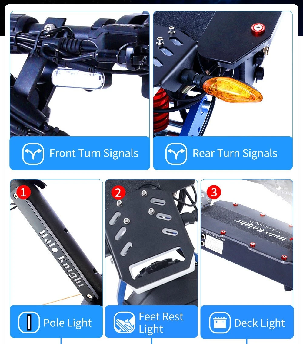 Halo Knight T108 Pro Electric Scooter 11'' Off-Road Tire 3000W*2 Motors 95Km/h Max Speed 60V 38.4Ah Battery 80KM Range 200KG Max load Front & Rear Turn Signal IPX4 Waterproof Dual Hydraulic Brakes Electric Brake