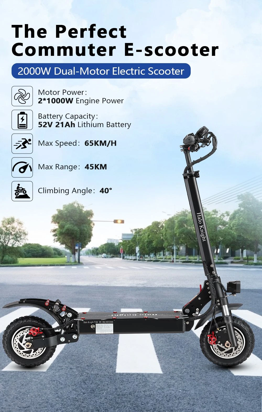 Halo Knight T104 Electric Scooter 10 inch Off-road Tires 1000W*2 Motor 65km/h Max Speed Remote control 52V 21Ah Battery 45km Range - Black