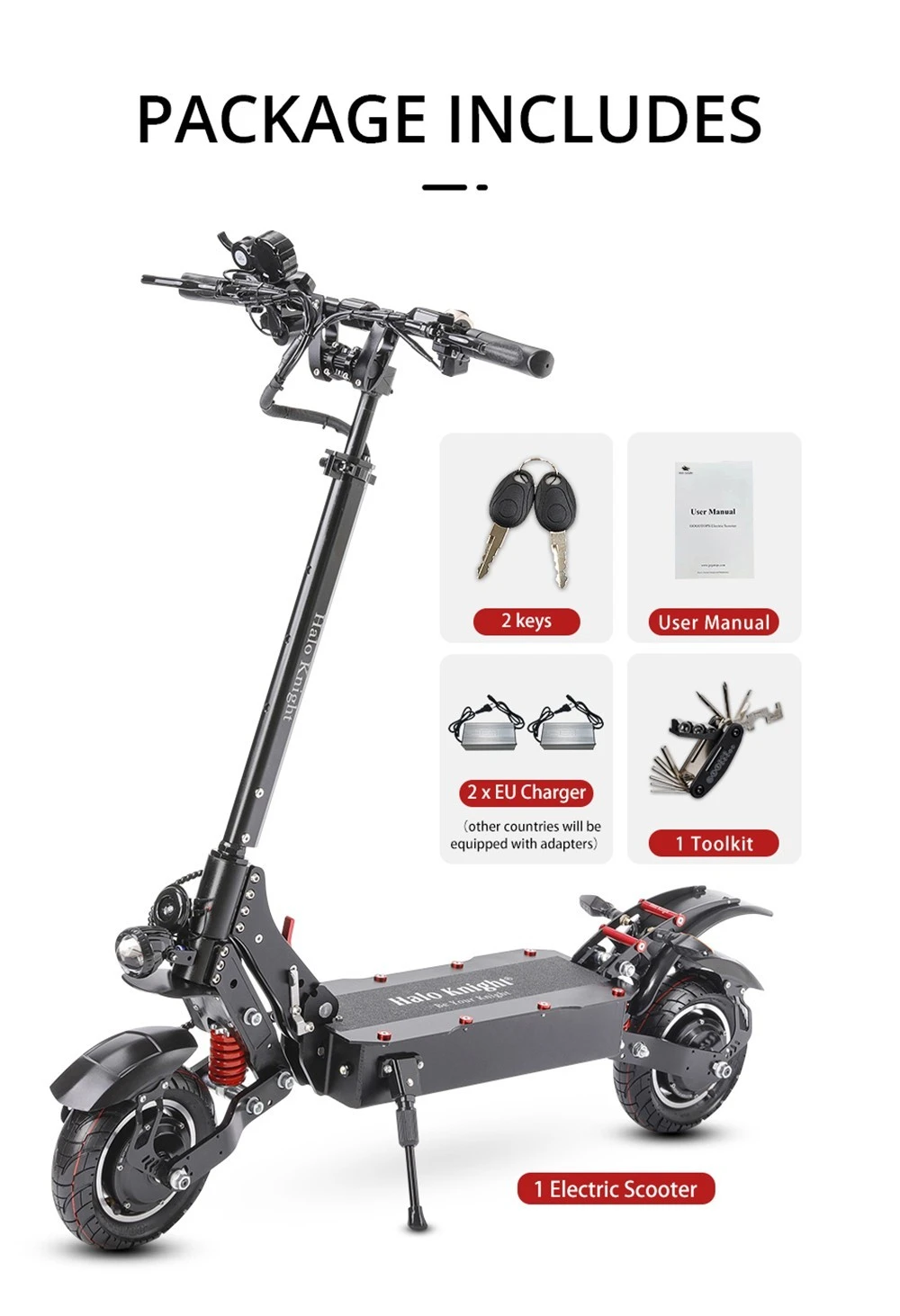 Halo Knight T108 Electric Scooter 10 inch Road Tires 1000W*2 Motor 65km/h Max Speed 52V 28.8Ah Battery 60km Max Range