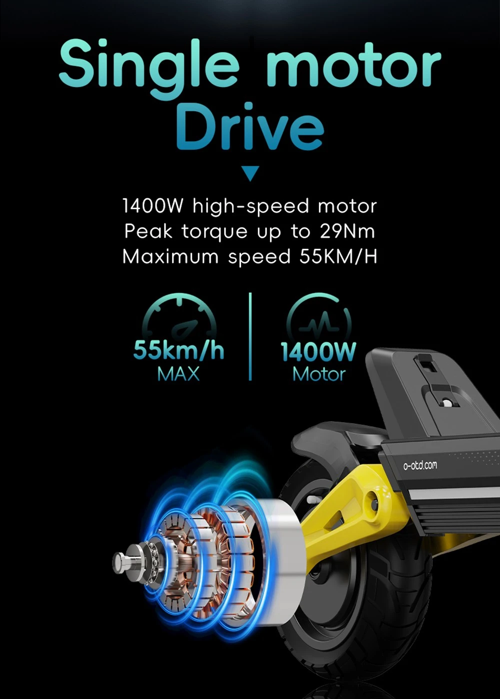 OOTD S10 Electric Scooter, 1400W Motor, 10-inch Tires, 48V 20AH Battery, 55km/h Max Speed, 60-70km Range, Disc Brake, Front and Rear Suspension