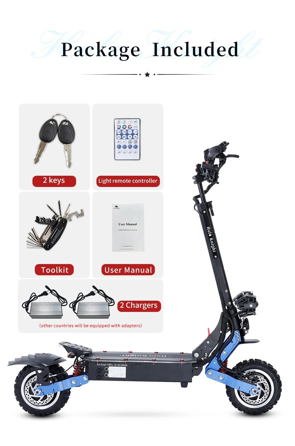 Halo Knight T108 Pro Electric Scooter 11'' Off-Road Tire 3000W*2 Motors 95Km/h Max Speed 60V 38.4Ah Battery 80KM Range 200KG Max load Front & Rear Turn Signal IPX4 Waterproof Dual Hydraulic Brakes Electric Brake