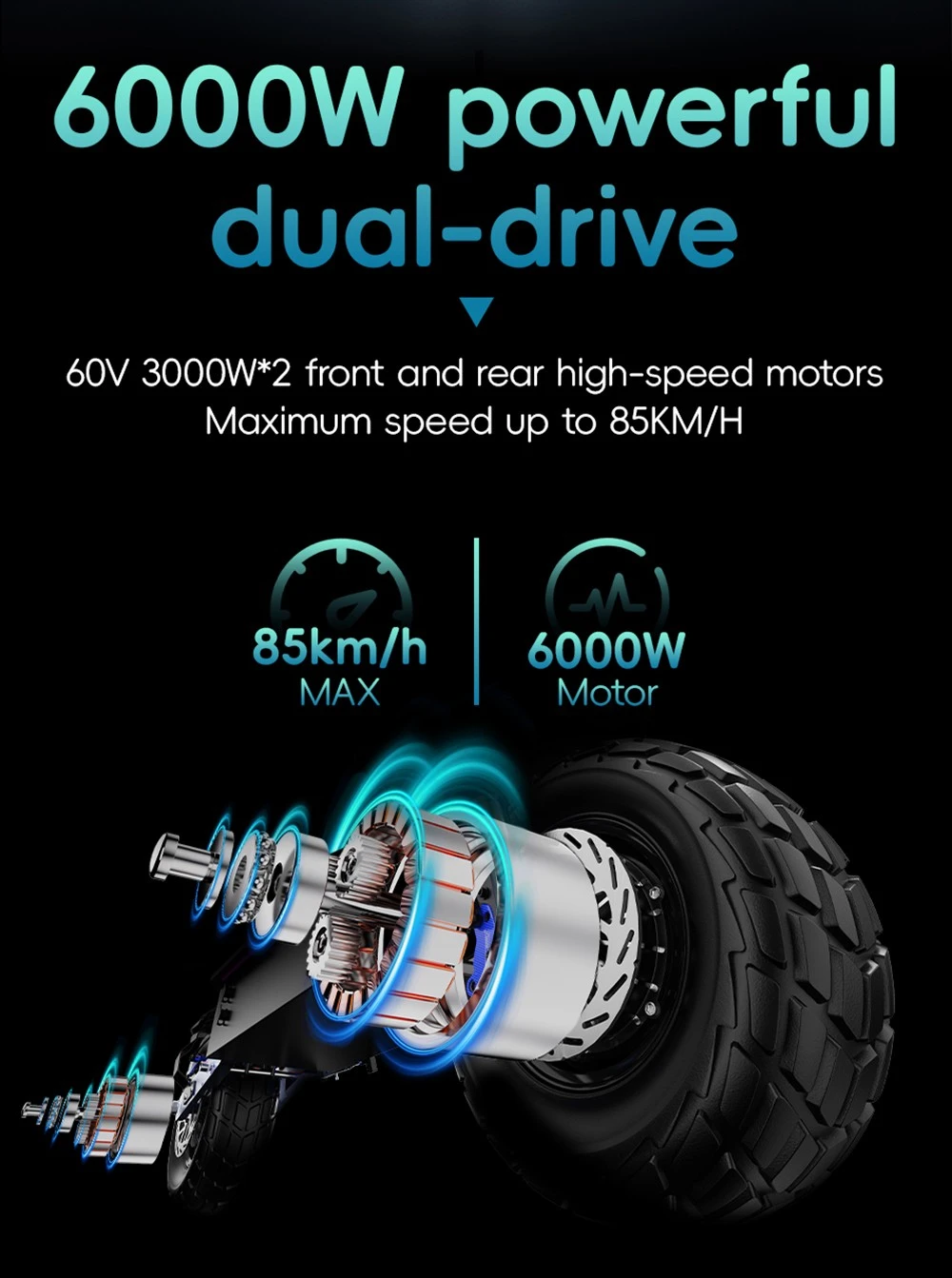 OOTD D99 Off-Road Electric Scooter 13 Inch Tires 3000W*2 Dual Motors 85Km/h Max Speed 60V 40Ah Battery Max 120KM Range 150KG Max Load Dual Shock Absorption with Turn Signal Lights Front & Rear Hydraulic Brake Oil Brake - Black