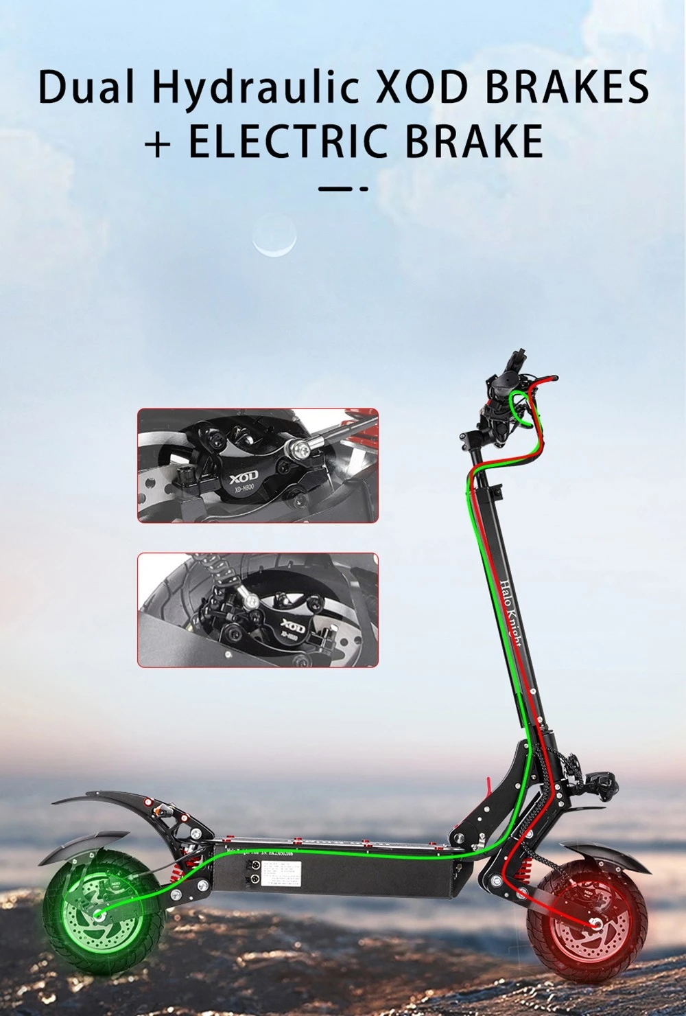 Halo Knight T108 Electric Scooter 10 inch Road Tires 1000W*2 Motor 65km/h Max Speed 52V 28.8Ah Battery 60km Max Range