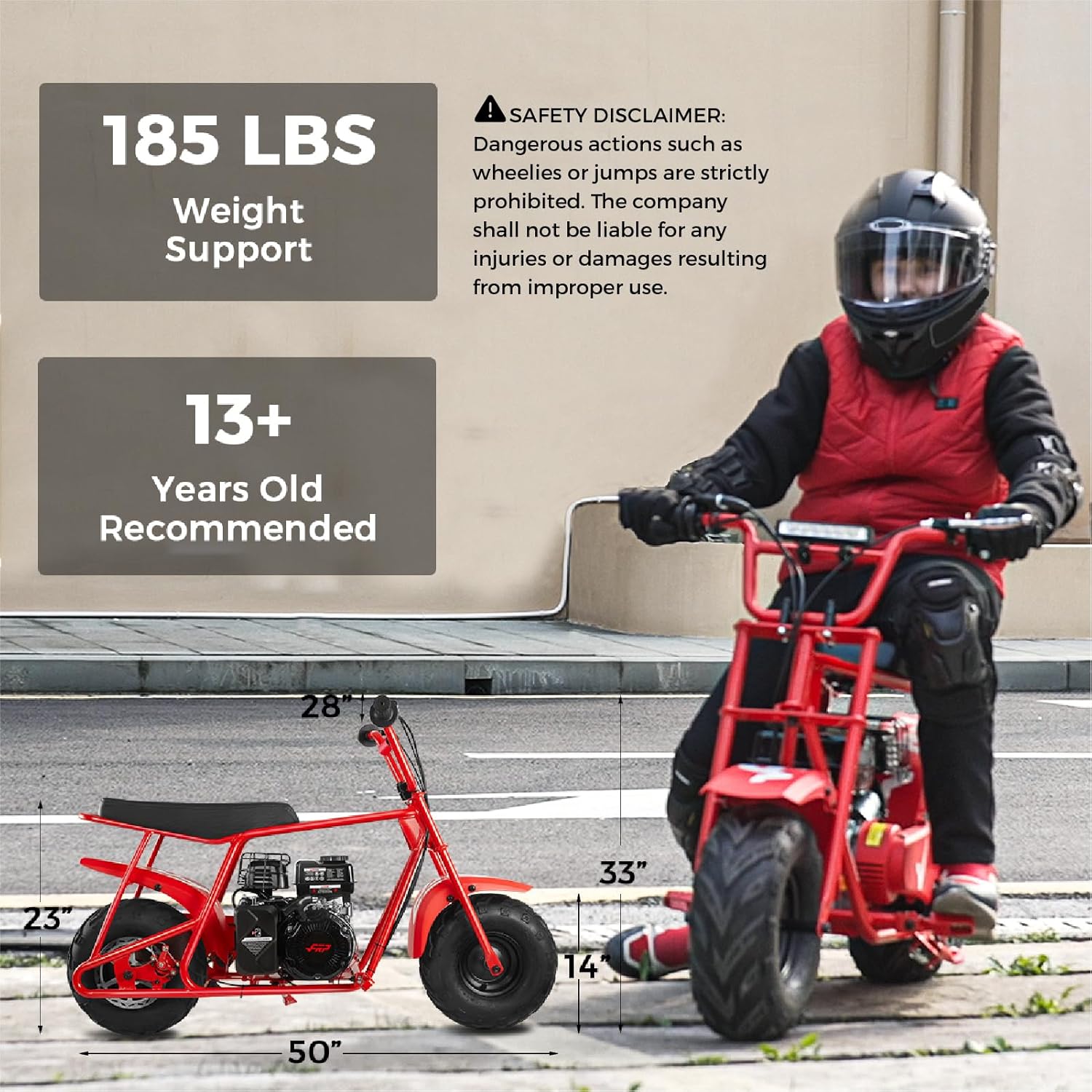 FRP Mini Dirt Bike GMB100 Basic, New 99CC Gas Powered Mini Bike 4-Stroke 3HP, Off-Road for Kids/Adult, Trail Up to 24 Mph, Weight Support Up to 185 LBS,Red