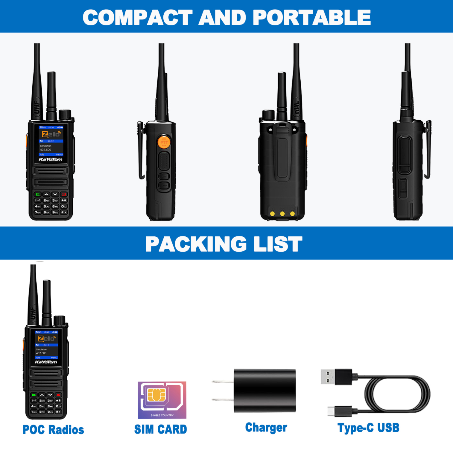 KaYoTom D08 Zello Walkie Talkie Long Range - POC + UHF for Family, Construction, Logistics, Transportation, Hotels, Shopping Malls, Outdoors and Emergency Rescue Encrypted Two Way Radios